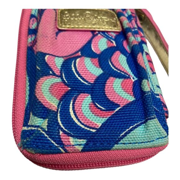 Lilly Pulitzer Zip Around Wallet Pink Blue 2015 Canvas Peacock Wristlet - Picture 6 of 7